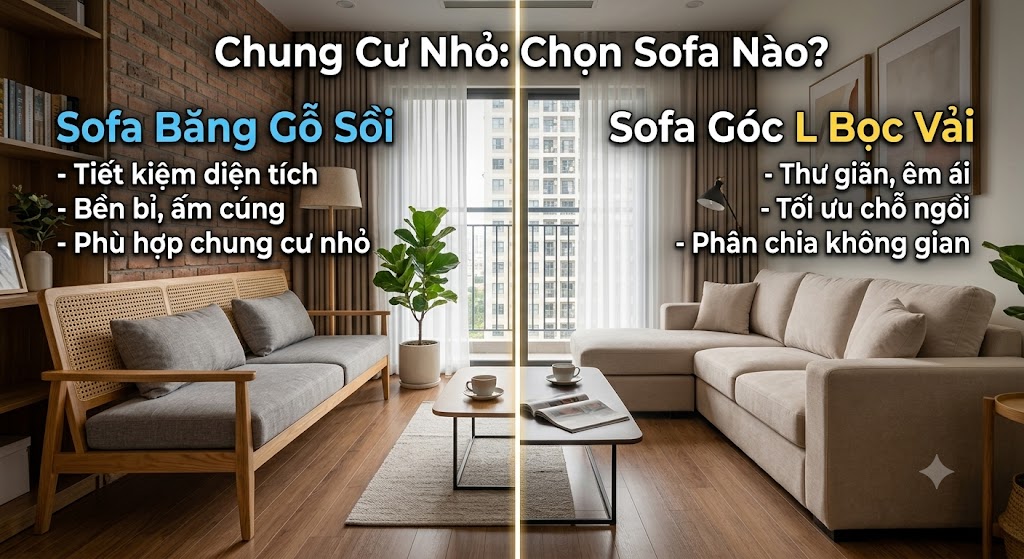Chung Cư Nhỏ: Chọn Sofa Băng Gỗ Sồi Hay Sofa Góc Chữ L Bọc Vải?