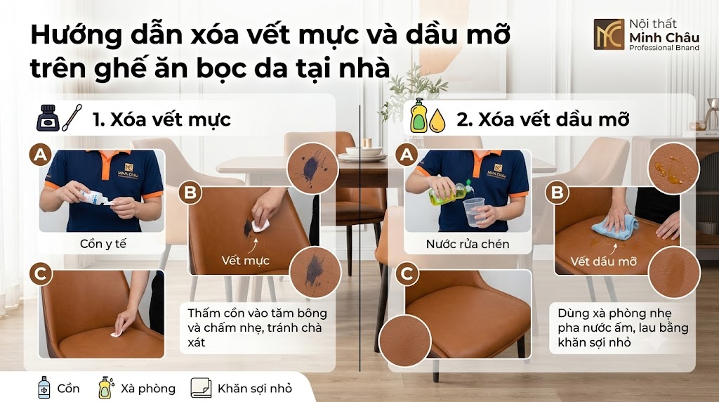 Hướng dẫn xóa vết mực và dầu mỡ trên ghế ăn bọc da tại nhà