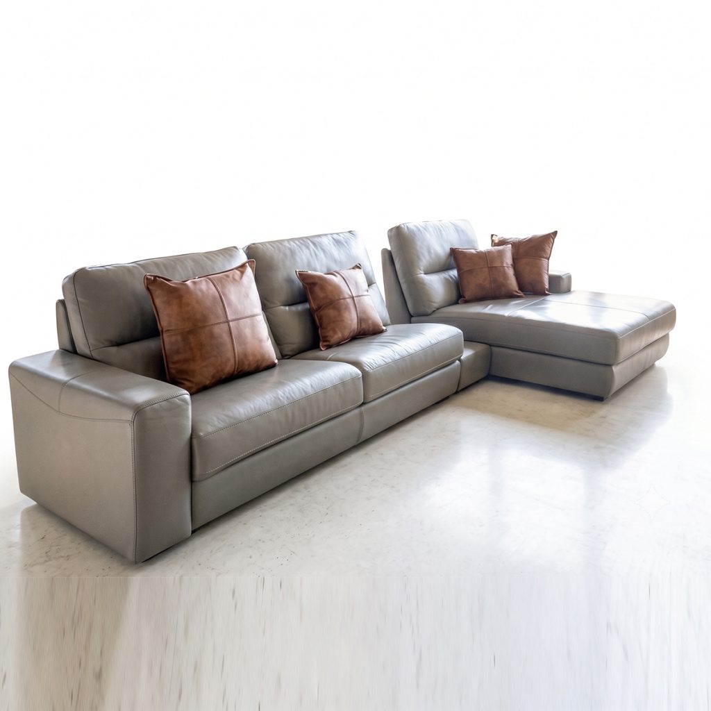 Sofa góc chữ L bọc da màu xám ghi