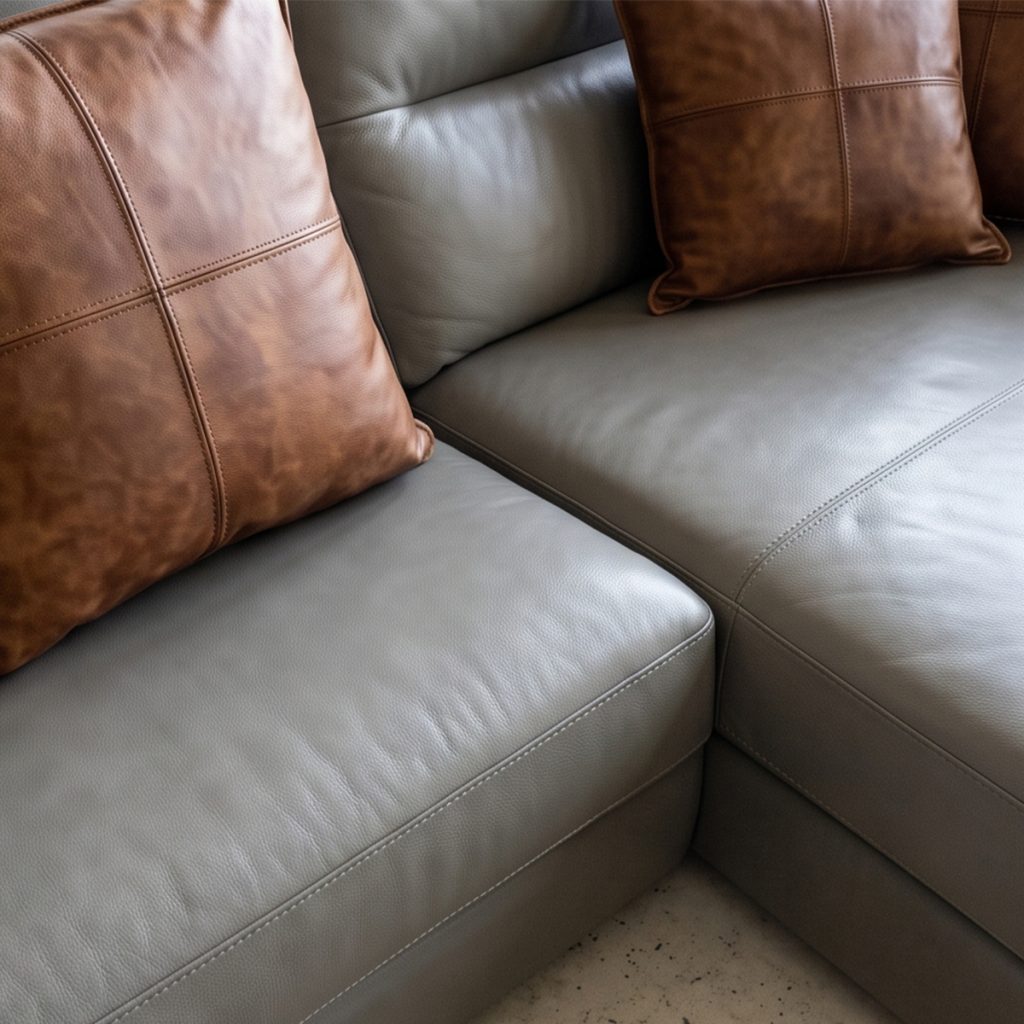 Sofa góc chữ L bọc da màu xám ghi